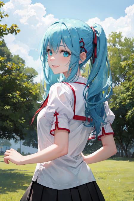 2496555-2683838571-masterpiece, best quality, absurdres, perfect anatomy, 1girl, solo, blue hair, aqua eyes, from behind, smile, HomuraharaFemaleSu.png